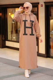 Neva Style - Kapşonlu Camel Tesettür Elbise 7016C - Thumbnail