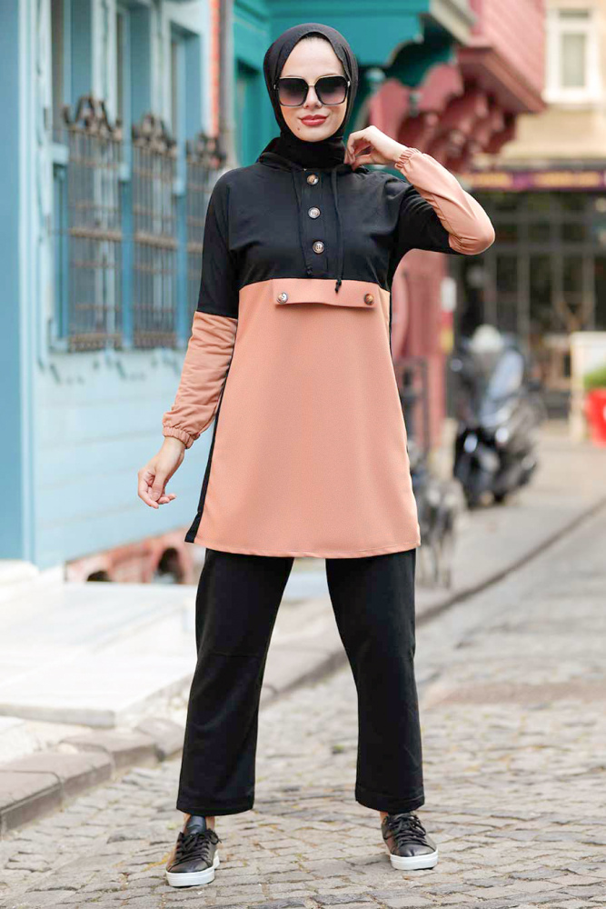 Neva Style - Kapşonlu Camel Tesettür İkili Takım 1345C - 1