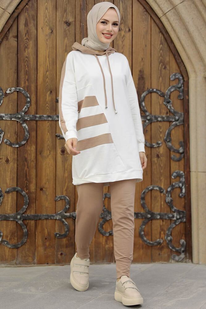 Neva Style - Kapşonlu Camel Tesettür İkili Takım 1358C - 1
