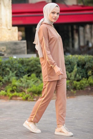 Neva Style - Kapşonlu Camel Tesettür İkili Takım 1558C - 1