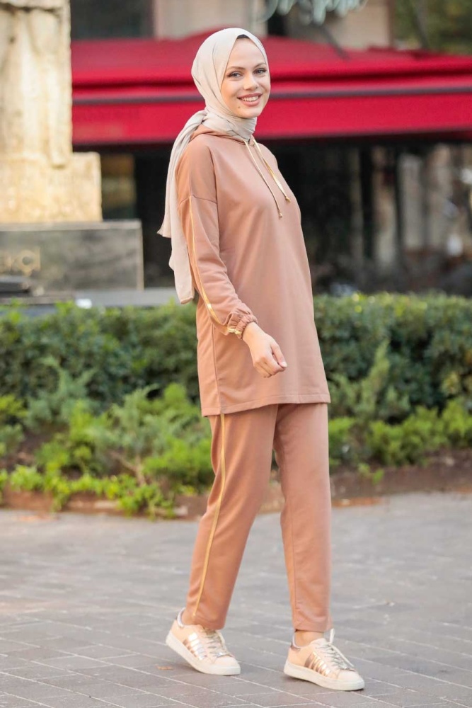 Neva Style - Kapşonlu Camel Tesettür İkili Takım 1558C - 2