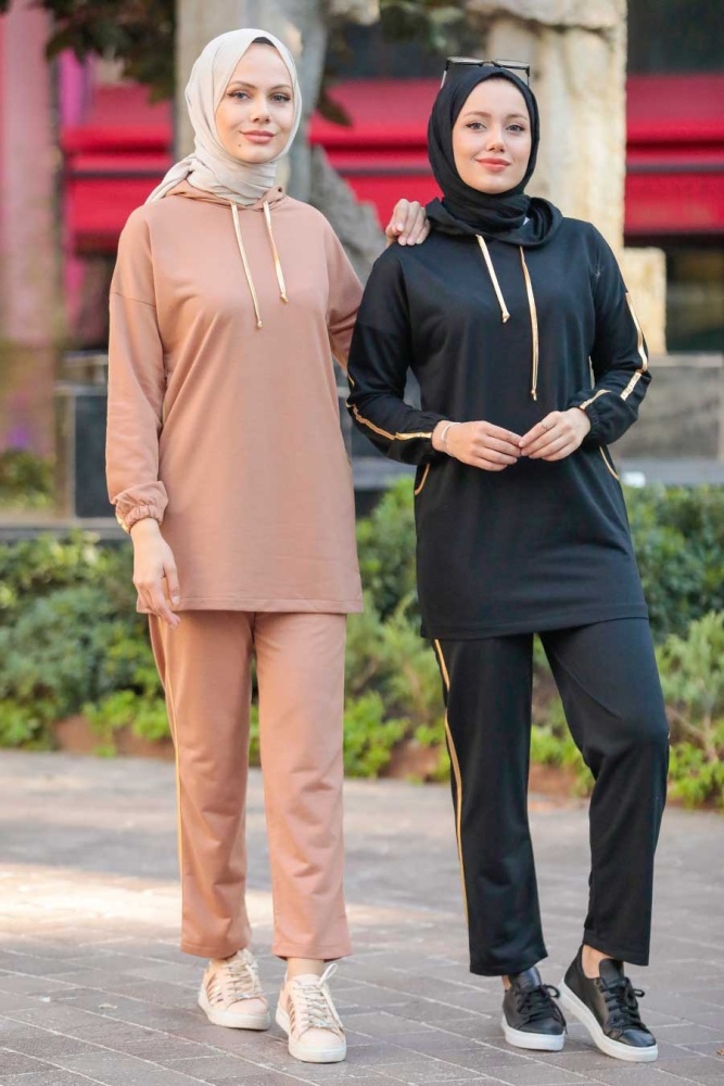 Neva Style - Kapşonlu Camel Tesettür İkili Takım 1558C - 3