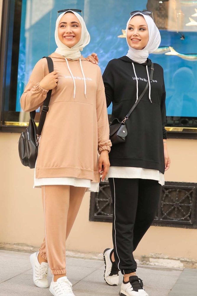 Neva Style - Kapşonlu Camel Tesettür İkili Takım 1583C - 2