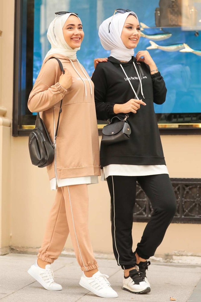 Neva Style - Kapşonlu Camel Tesettür İkili Takım 1583C - 3