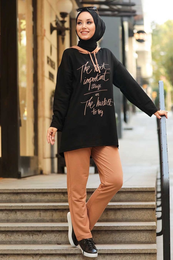 Neva Style - Kapşonlu Camel Tesettür İkili Takım 4327C - 1