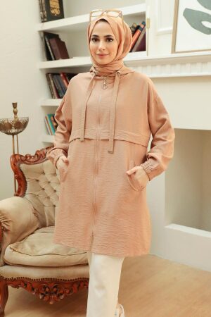 Neva Style - Kapşonlu Camel Tesettür Kap 6220C - 1