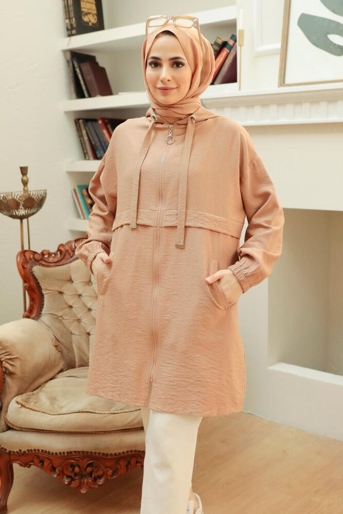 Neva Style - Kapşonlu Camel Tesettür Kap 6220C - 1