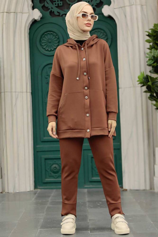Neva Style - Kapşonlu Çikolata Tesettür İkili Takım 22186CK - 2