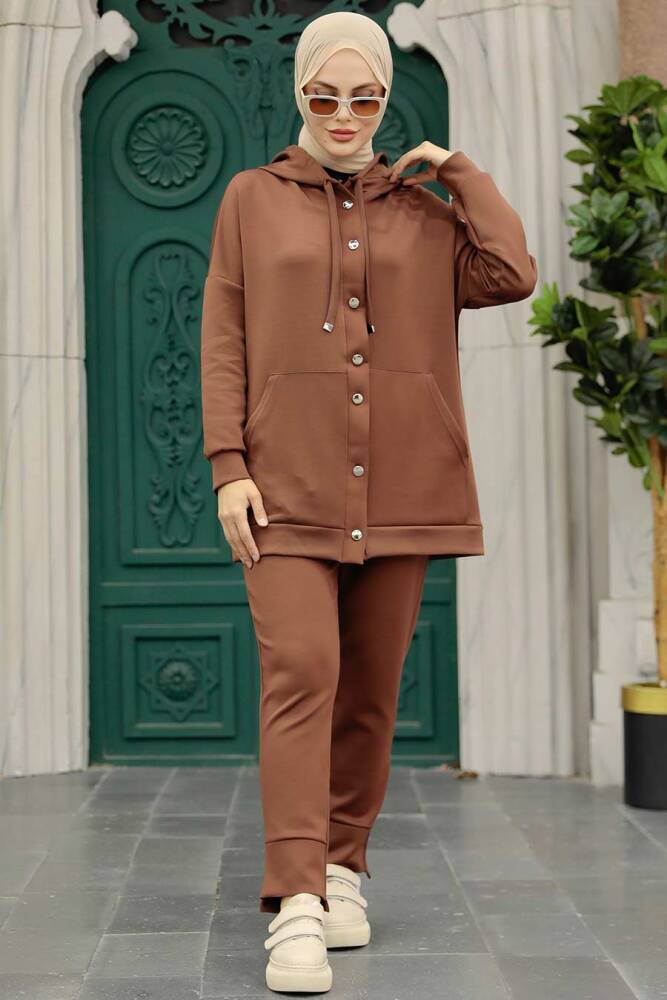 Neva Style - Kapşonlu Çikolata Tesettür İkili Takım 22186CK - 1