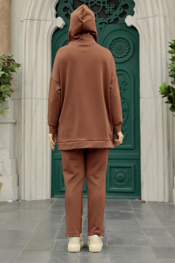  Kapşonlu Çikolata Tesettür İkili Takım 22186CK - 3