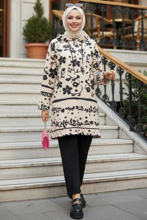  Kapşonlu Desenli Siyah Tesettür İkili Takım 9296S - 1