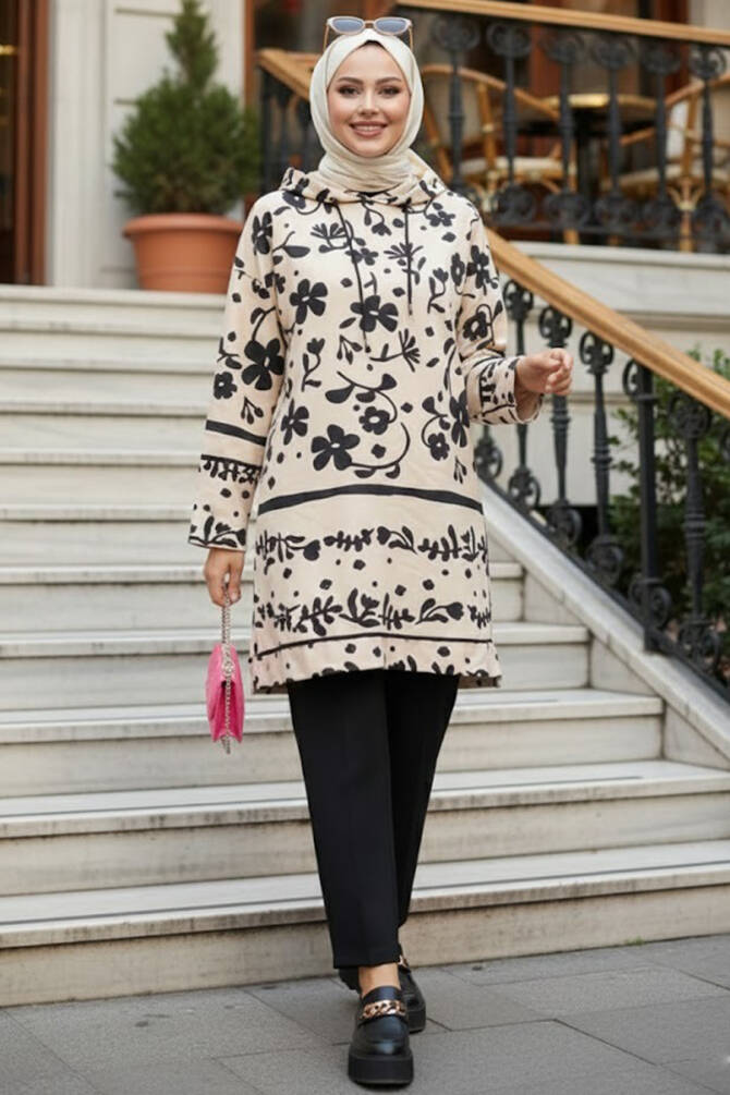  Kapşonlu Desenli Siyah Tesettür İkili Takım 9296S - NEVA STYLE