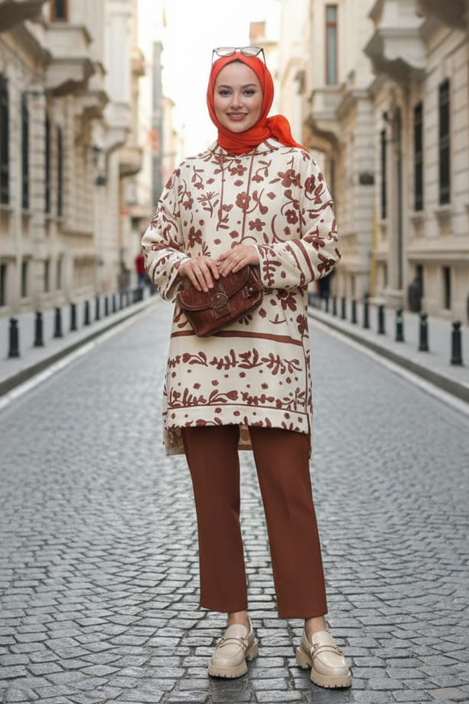  Kapşonlu Desenli Taba Tesettür İkili Takım 9296TB - NEVA STYLE