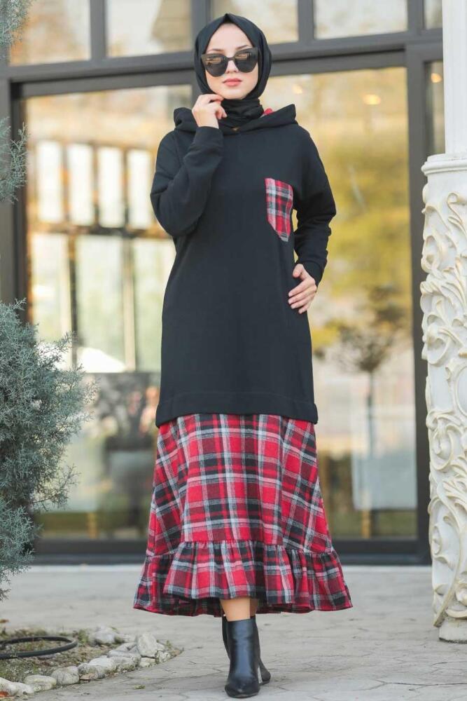Neva Style - Kapşonlu Ekoseli Siyah Tesettür Elbise 1258S - 1
