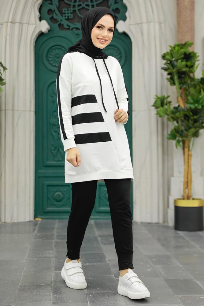 Neva Style - Kapşonlu Ekru Tesettür İkili Takım 1358E - 1