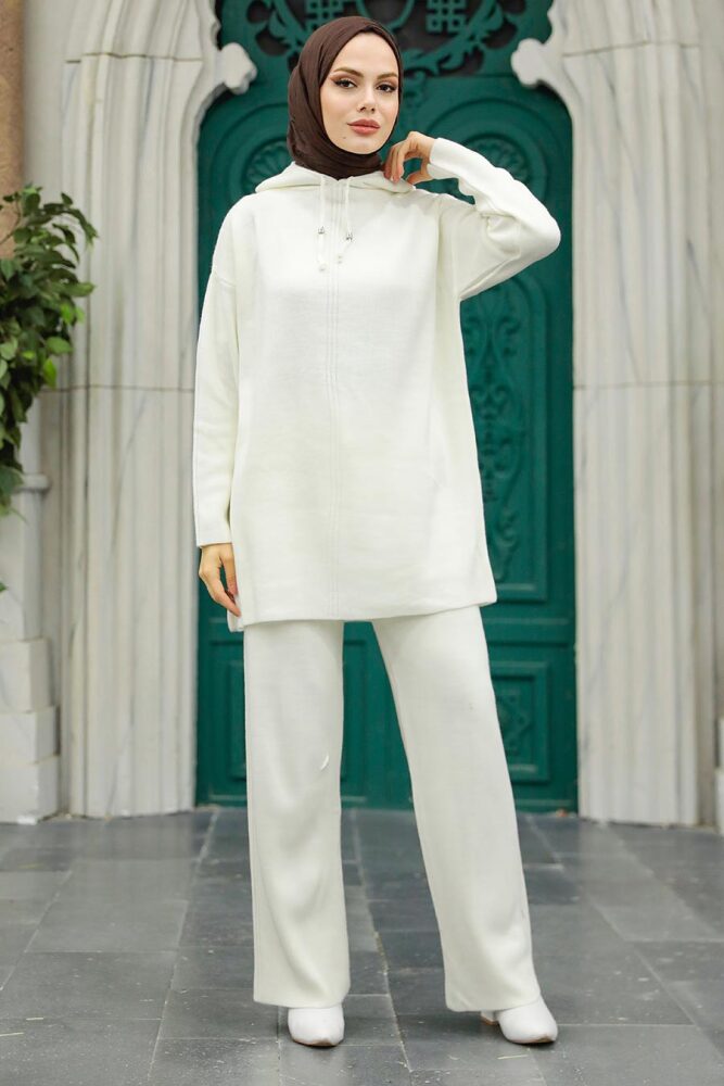 Neva Style - Kapşonlu Ekru Tesettür Triko İkili Takım 10032E - 5
