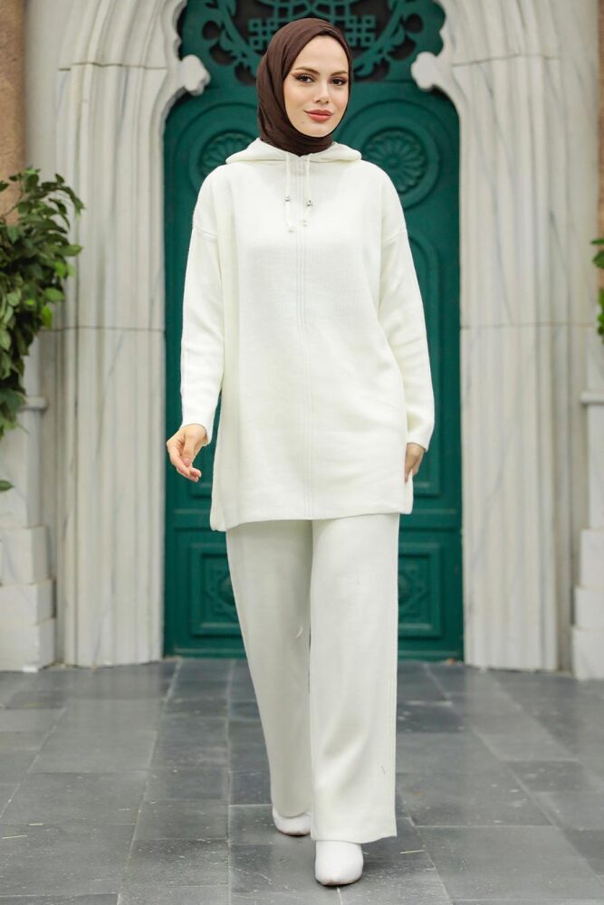 Neva Style - Kapşonlu Ekru Tesettür Triko İkili Takım 10032E - 2