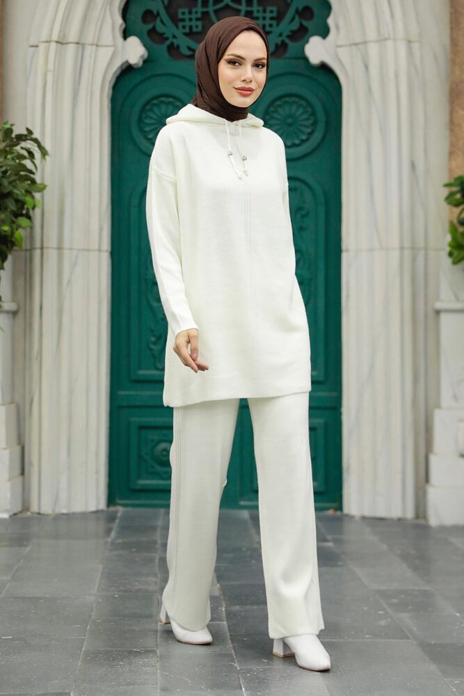 Neva Style - Kapşonlu Ekru Tesettür Triko İkili Takım 10032E - 3