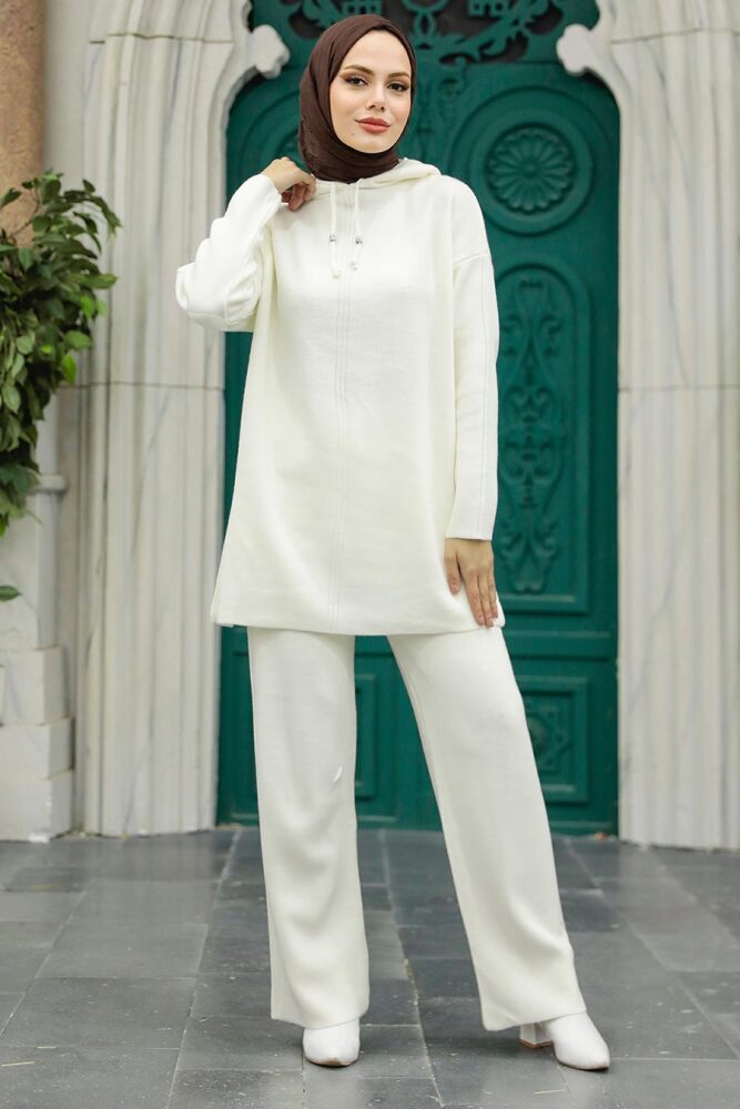 Neva Style - Kapşonlu Ekru Tesettür Triko İkili Takım 10032E - 4
