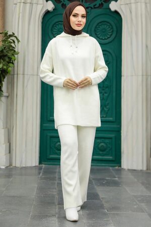  Kapşonlu Ekru Tesettür Triko İkili Takım 10032E - 1