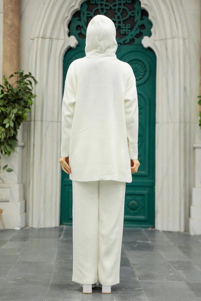  Kapşonlu Ekru Tesettür Triko İkili Takım 10032E - 6