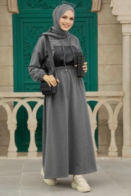 Neva Style - Kapşonlu Füme Tesettür Elbise 1356FU - Thumbnail
