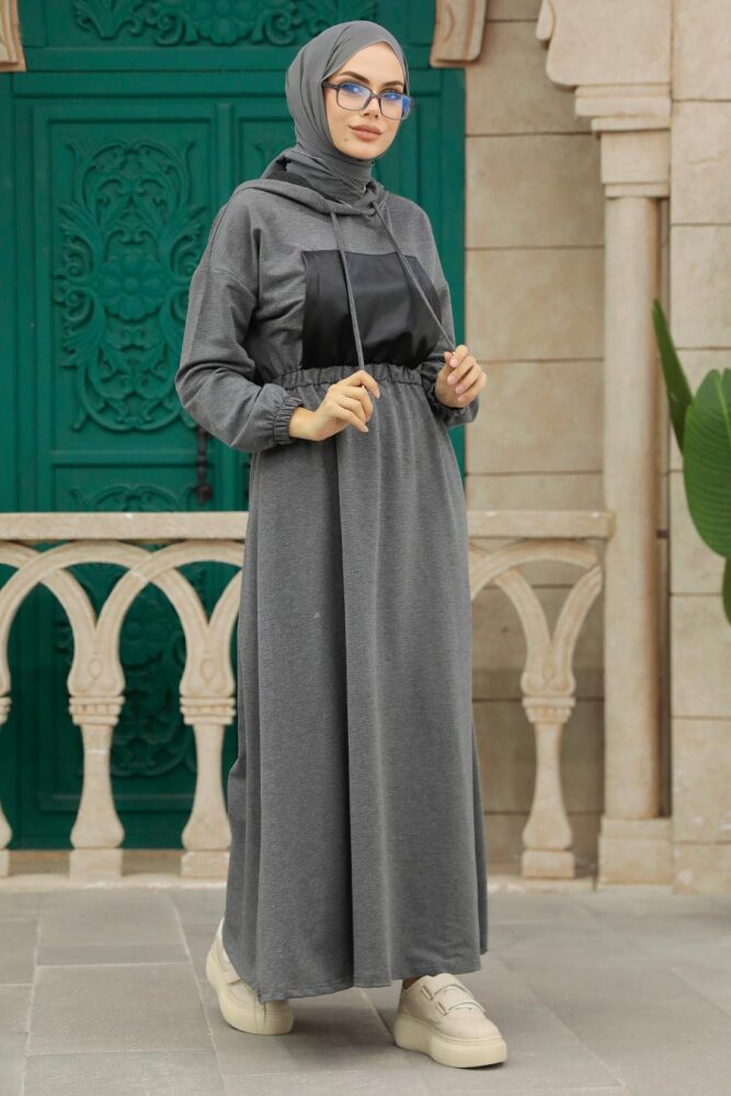 Neva Style - Kapşonlu Füme Tesettür Elbise 1356FU - 2