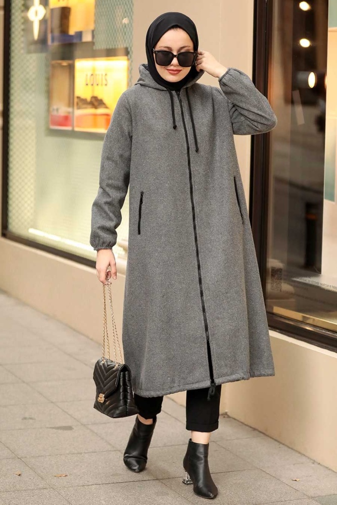 Neva Style - Kapşonlu Füme Tesettür Kaşe Kap 5664FU - 1
