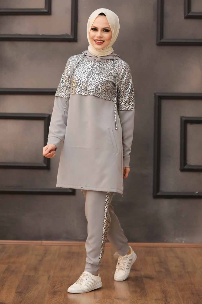 Neva Style - Kapşonlu Gri Tesettür İkili Takım 11370GR - 1