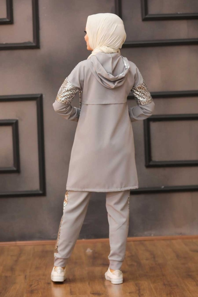 Neva Style - Kapşonlu Gri Tesettür İkili Takım 11370GR - 2