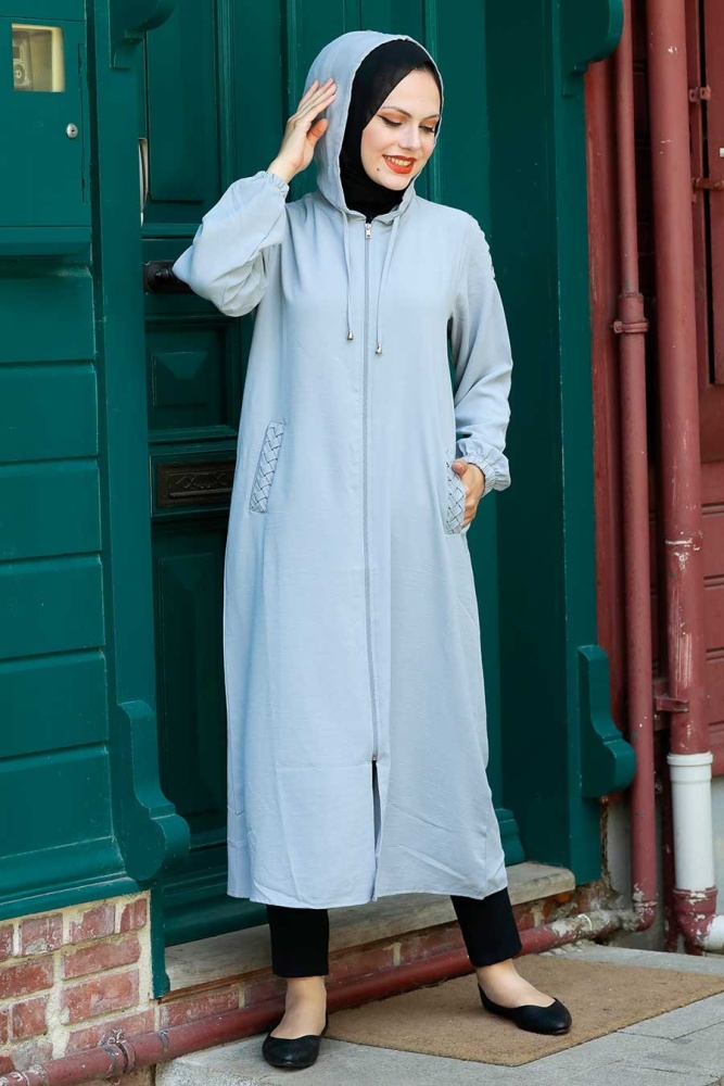 Neva Style - Kapşonlu Gri Tesettür Kap 15630GR - 2