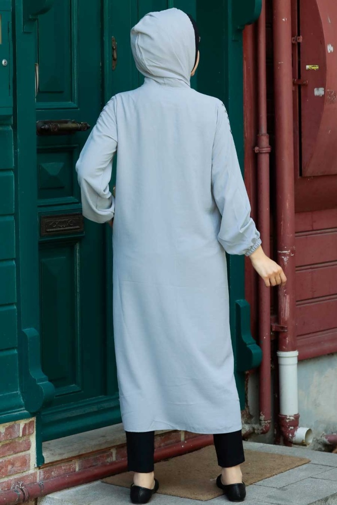 Neva Style - Kapşonlu Gri Tesettür Kap 15630GR - 3