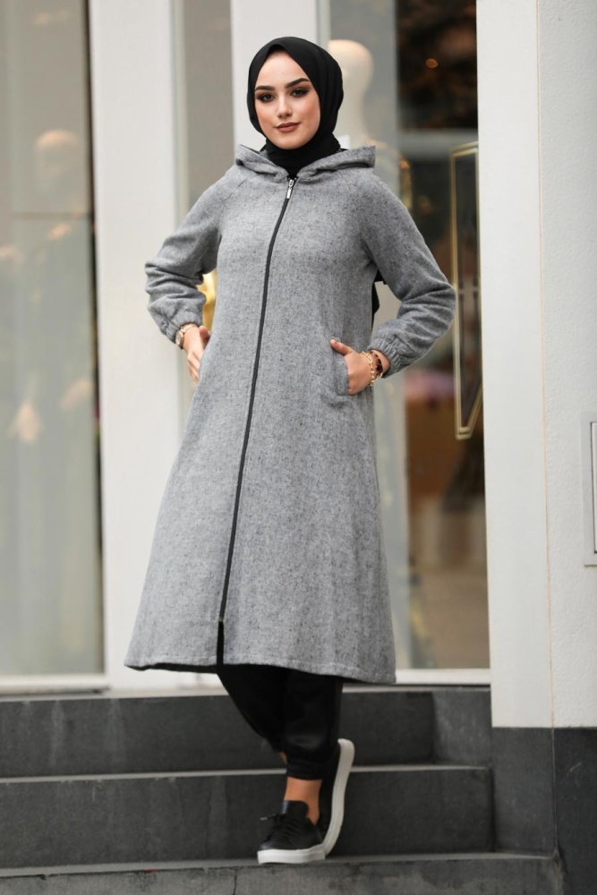 Neva Style - Kapşonlu Gri Tesettür Kap 40081GR - 1