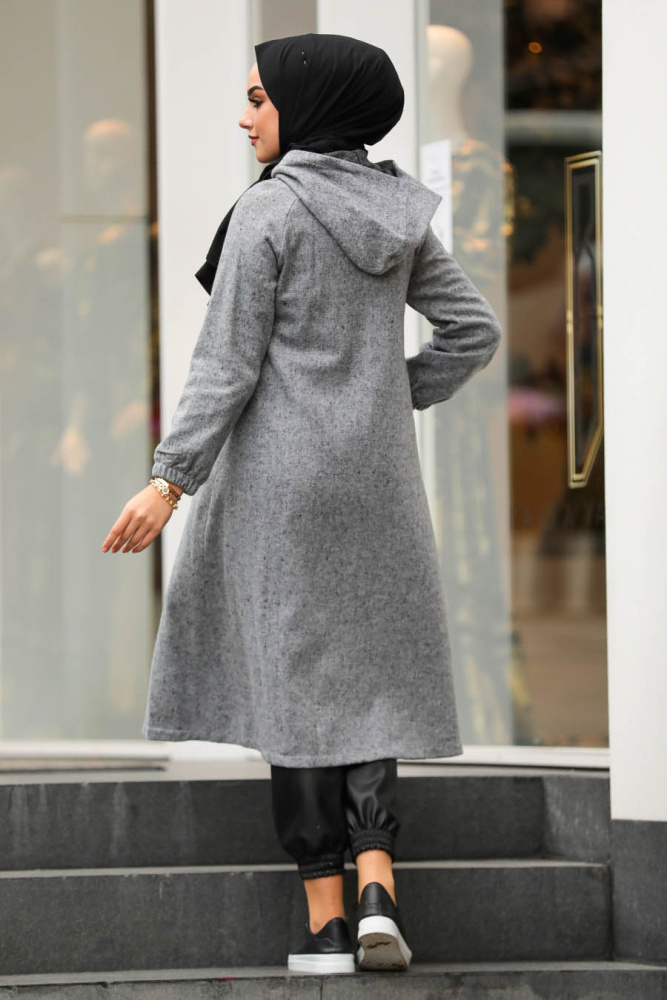 Neva Style - Kapşonlu Gri Tesettür Kap 40081GR - 2