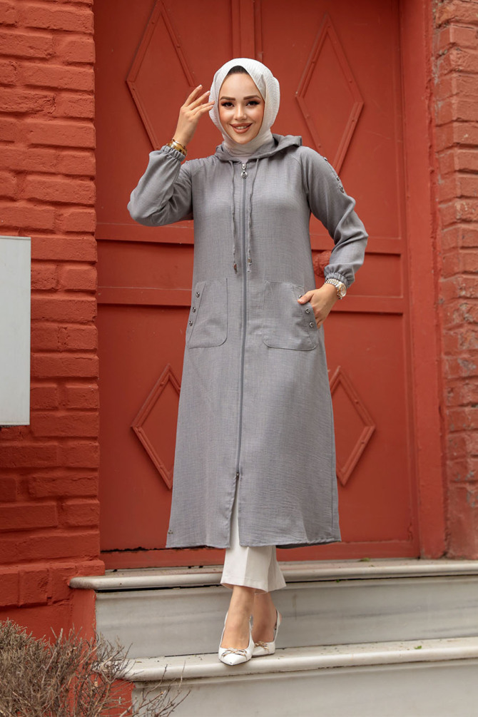 Neva Style - Kapşonlu Gri Tesettür Kap 511GR - NEVA STYLE