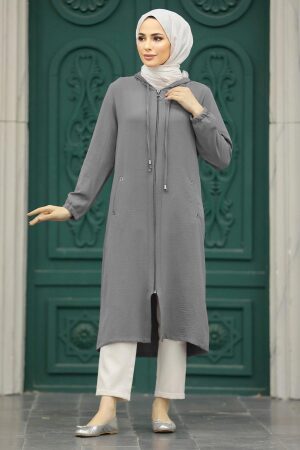 Neva Style - Kapşonlu Gri Tesettür Kap 539GR 