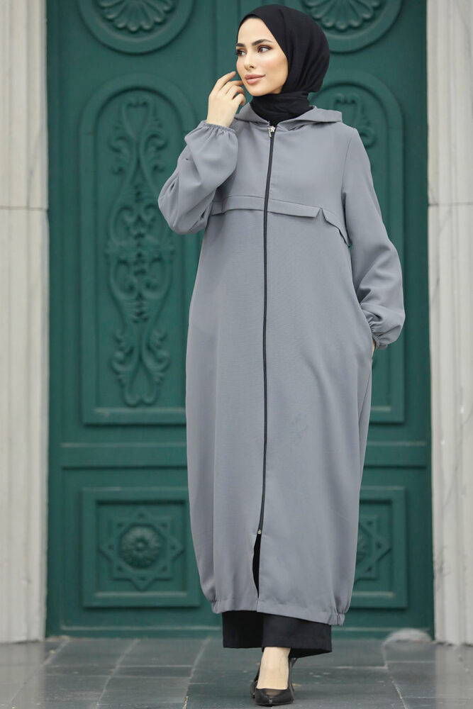 Neva Style - Kapşonlu Gri Tesettür Kap 5698GR - 3