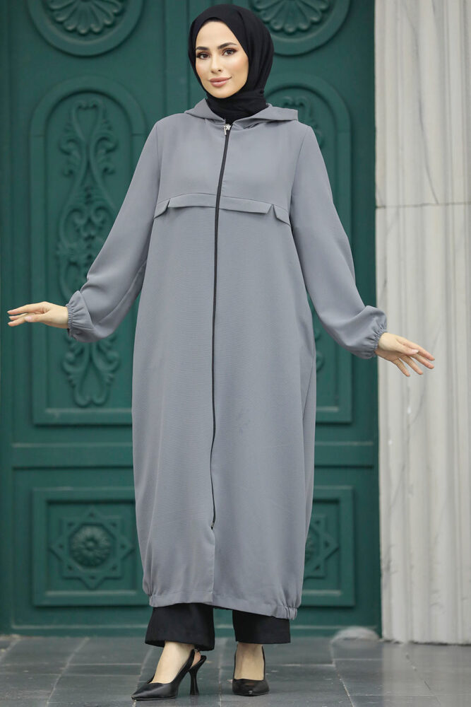 Neva Style - Kapşonlu Gri Tesettür Kap 5698GR - 1