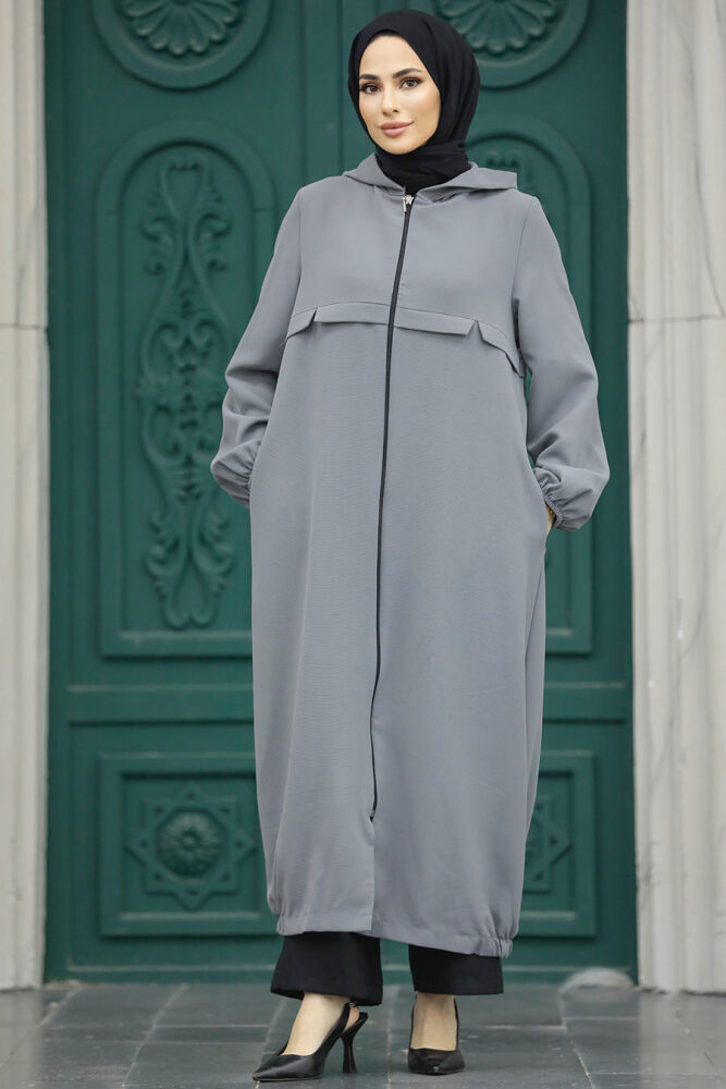Neva Style - Kapşonlu Gri Tesettür Kap 5698GR - 2
