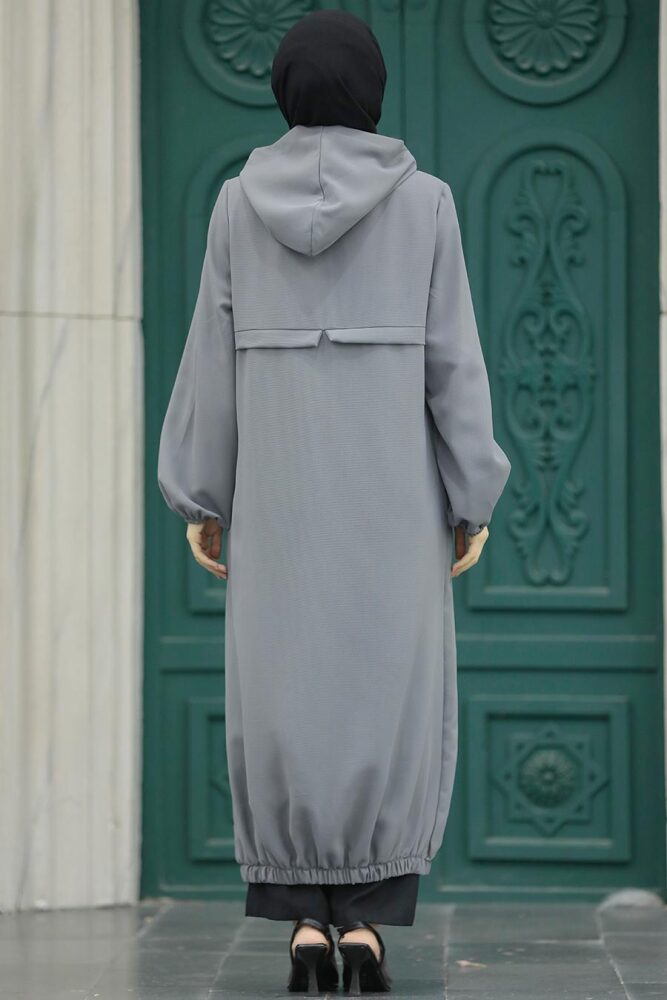 Neva Style - Kapşonlu Gri Tesettür Kap 5698GR - 4