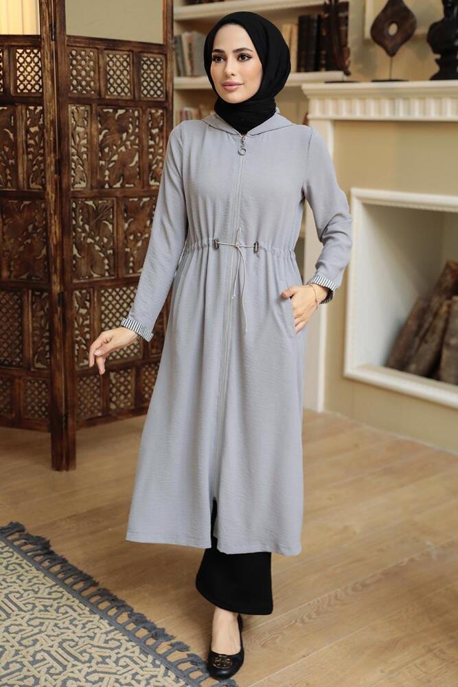 Neva Style - Kapşonlu Gri Tesettür Kap 5721GR - 1