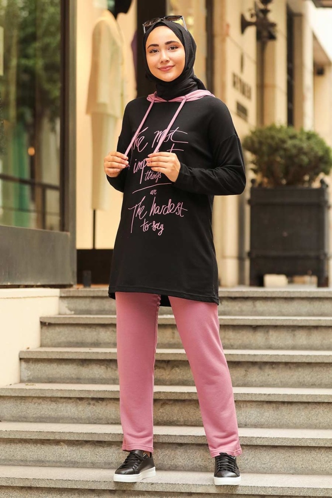 Neva Style - Kapşonlu Gül Kurusu Tesettür İkili Takım 4327GK - 1