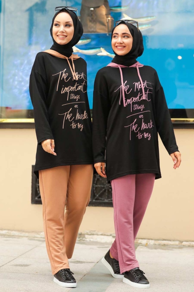 Neva Style - Kapşonlu Gül Kurusu Tesettür İkili Takım 4327GK - 2