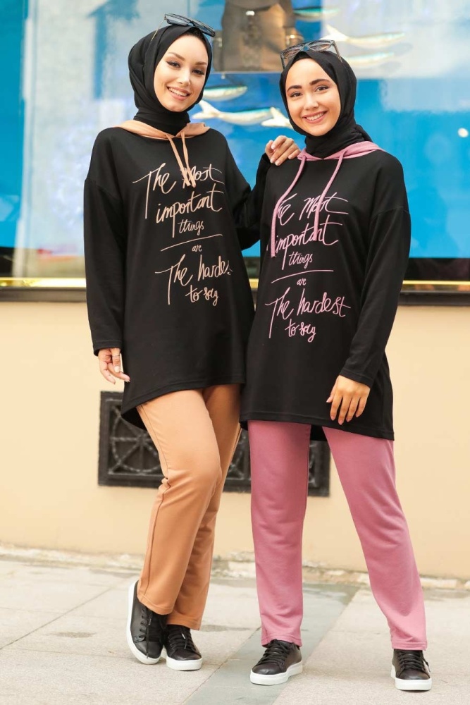 Neva Style - Kapşonlu Gül Kurusu Tesettür İkili Takım 4327GK - 3
