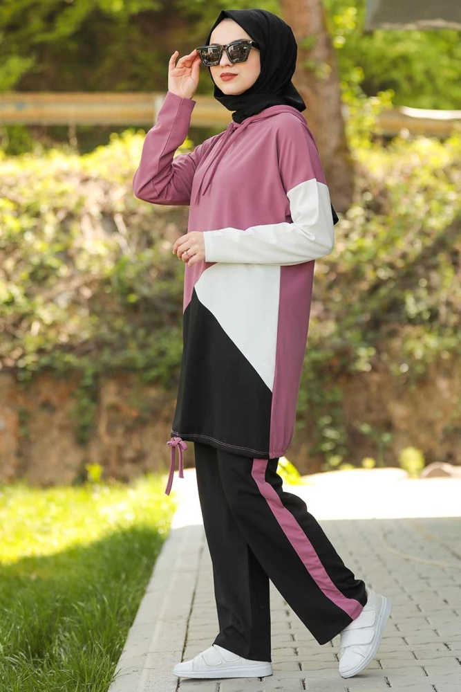 Neva Style - Kapşonlu Gül Kurusu Tesettür İkili takım 61490GK - 1