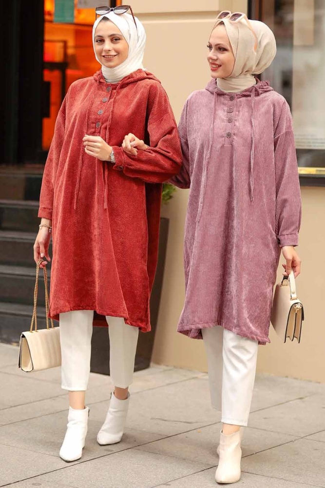 Neva Style - Kapşonlu Gül Kurusu Tesettür Kadife Tunik 1247GK - 2