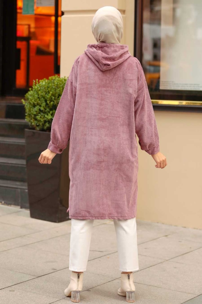 Neva Style - Kapşonlu Gül Kurusu Tesettür Kadife Tunik 1247GK - 3