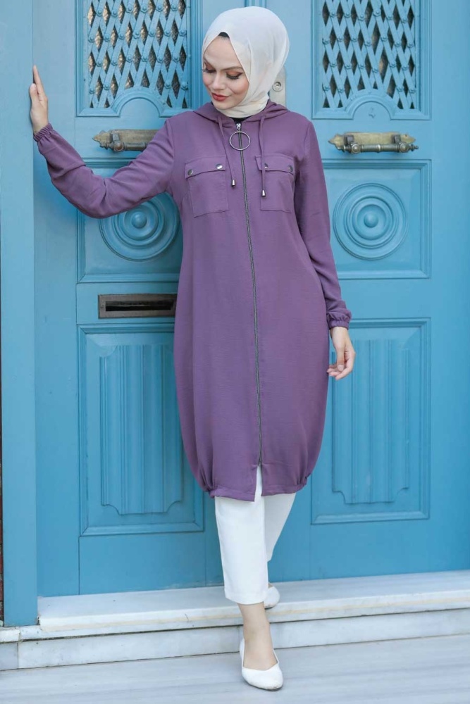 Neva Style - Kapşonlu Gül Kurusu Tesettür Kap 5030GK - NEVA STYLE