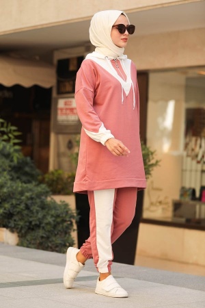 Neva Style - Kapşonlu Gül Kurusu Tesettür Spor İkili Takım 40276GK - 1