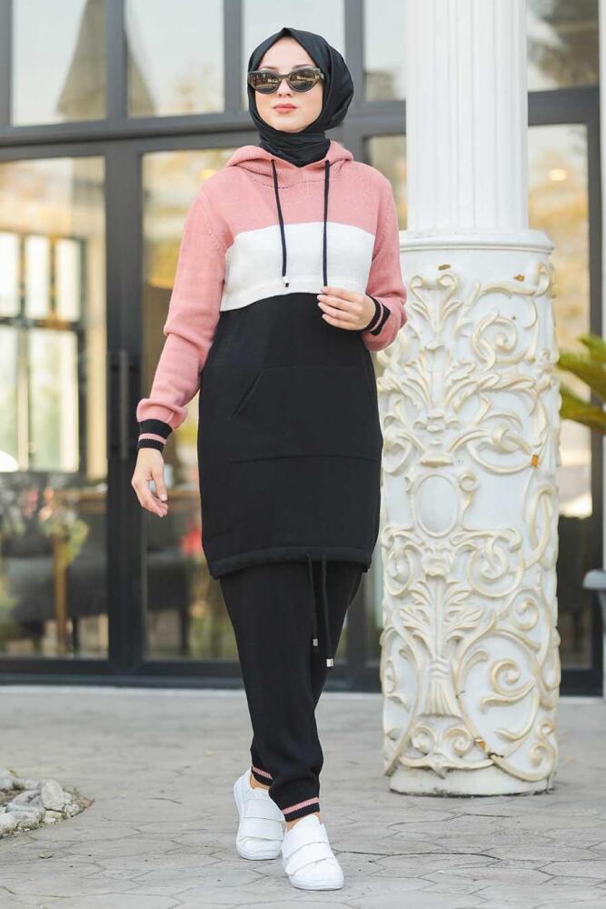 Neva Style - Kapşonlu Gül Kurusu Tesettür Triko Spor Takım 7107GK - 1